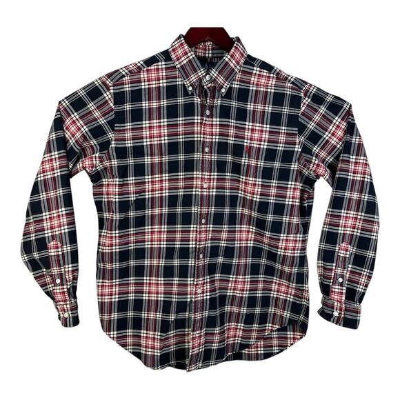 VTG Polo Ralph Lauren Flannel Button Shirt Large Red Black Tartan Hike Men - Picture 1 of 12